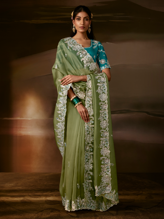 Sage Green Embroidered Designer Organza Silk Saree