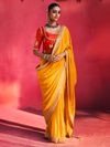 Marigold Yellow Embroidered Designer Satin Silk Saree With Contrast Blouse