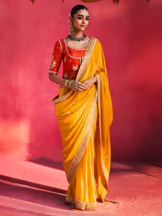 Marigold Yellow Embroidered Designer Satin Silk Saree With Contrast Blouse