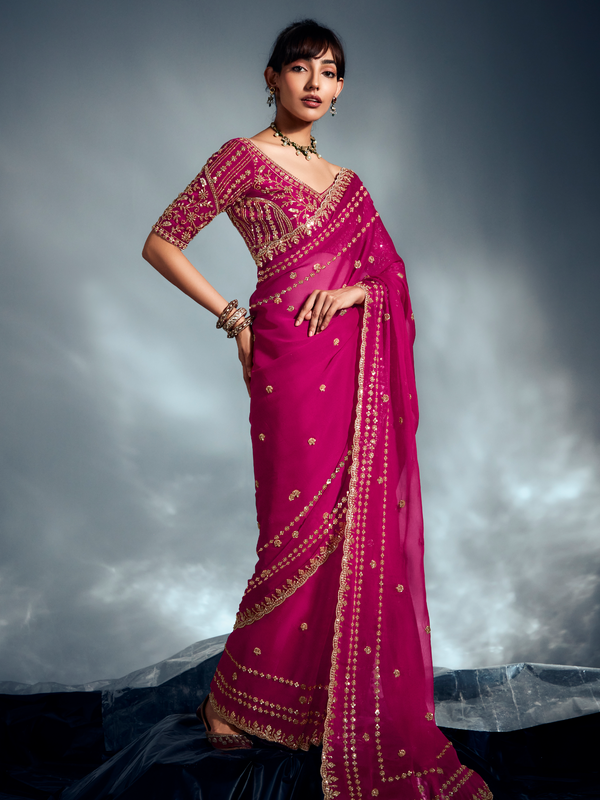 Rani Pink Embroidered Designer Tissue Organza Silk Saree