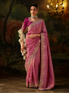 Rose Pink Embroidered Designer Tissue Silk Saree With Contrast Blouse