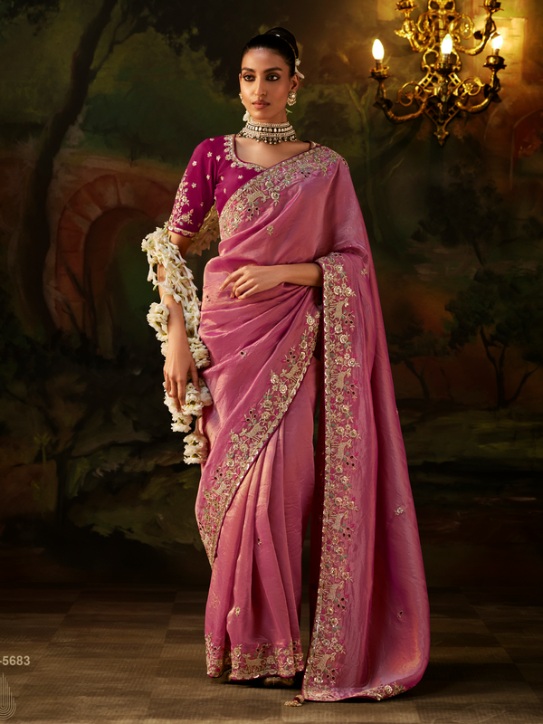 Rose Pink Embroidered Designer Tissue Silk Saree With Contrast Blouse