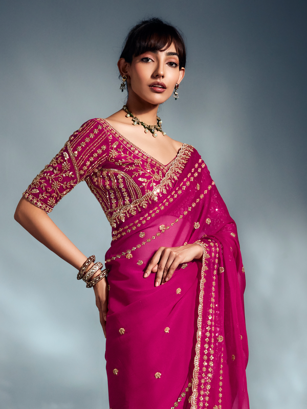 Rani Pink Embroidered Designer Tissue Organza Silk Saree
