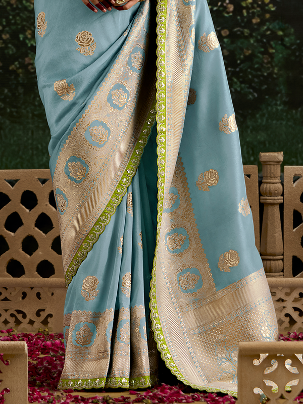 Powder Blue Designer Banarasi Dola Silk Saree With Golden Zari Work