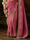 Rose Pink Embroidered Designer Tissue Silk Saree With Contrast Blouse