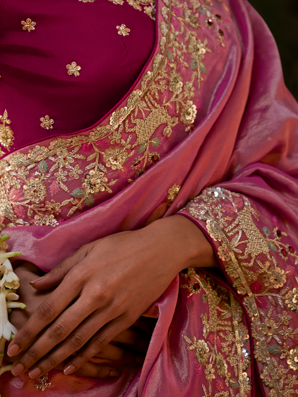 Rose Pink Embroidered Designer Tissue Silk Saree With Contrast Blouse