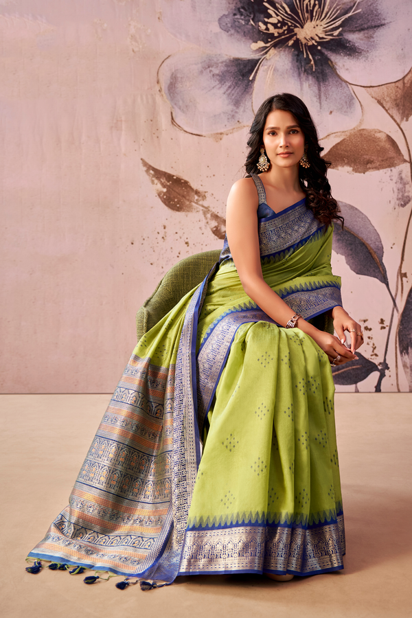 Lime Green Banarasi Cotton Silk Saree