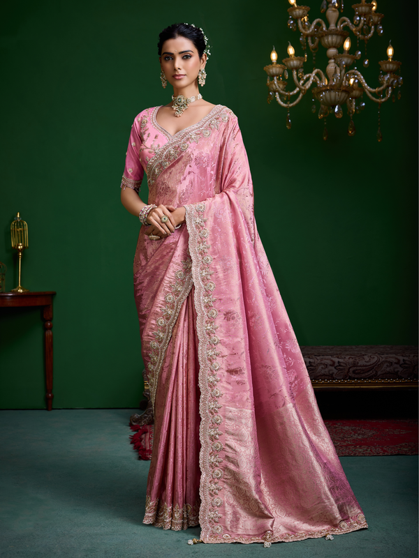 Baby Pink Banarasi Tissue Silk Saree