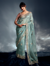 Mint Green Embroidered Designer Tissue Organza Silk Saree With Contrast Blouse