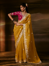 Mustard Yellow Embroidered Designer Organza Silk Saree
