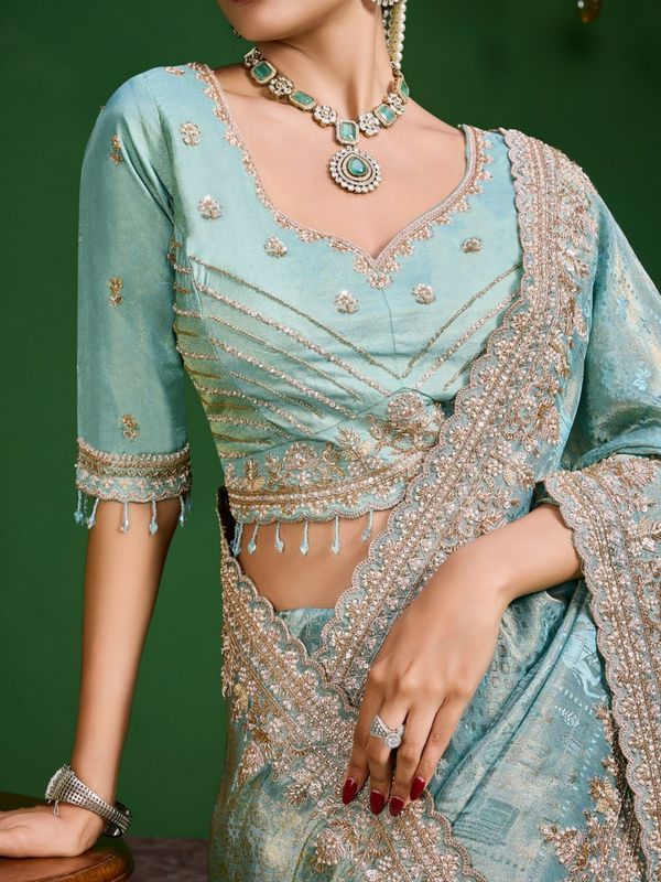 Aqua Blue Banarasi Tissue Silk Saree