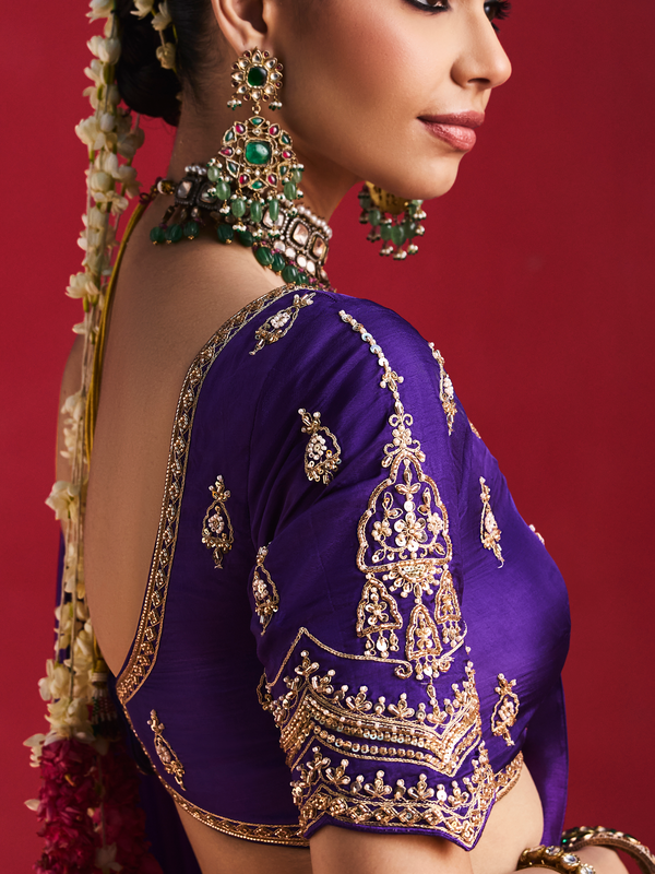 Violet Purple Embroidered Designer Satin Silk Saree