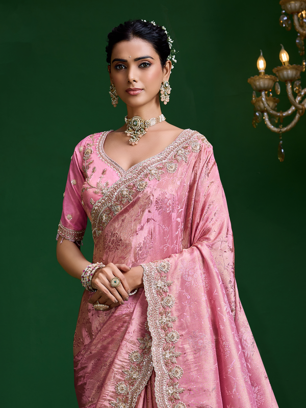 Baby Pink Banarasi Tissue Silk Saree