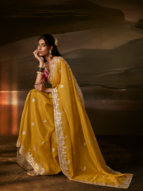 Mustard Yellow Embroidered Designer Organza Silk Saree