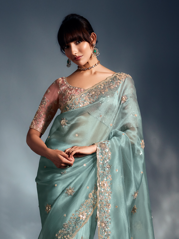 Mint Green Embroidered Designer Tissue Organza Silk Saree With Contrast Blouse