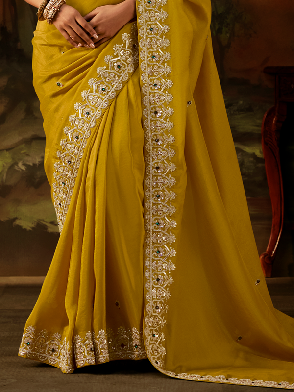 Lime Yellow Embroidered Designer Tissue Silk Saree With Contrast Blouse