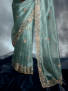 Mint Green Embroidered Designer Tissue Organza Silk Saree With Contrast Blouse