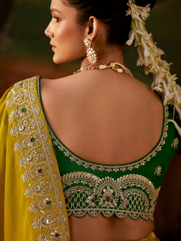 Lime Yellow Embroidered Designer Tissue Silk Saree With Contrast Blouse