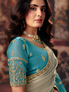 Turquoise Blue Embroidered Designer Tissue Silk Saree