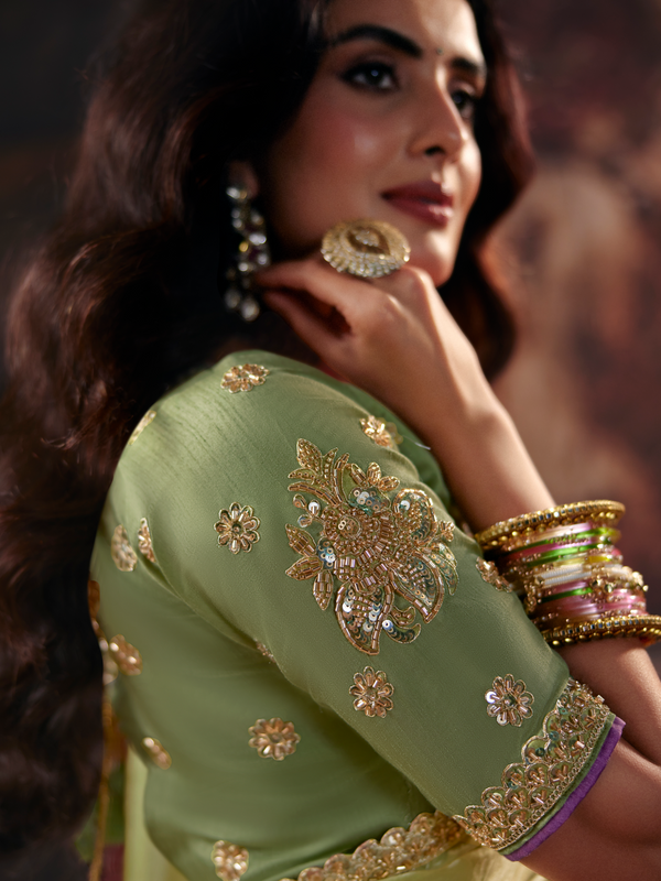 Lilac Purple Embroidered Designer Satin Silk Saree With Contrast Blouse