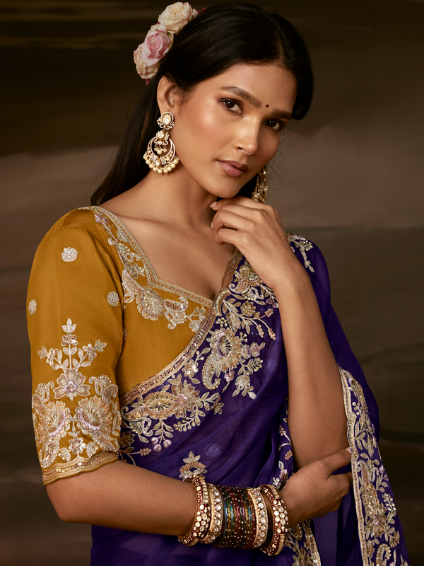 Deep Violet Embroidered Designer Organza Silk Saree