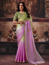 Lilac Purple Embroidered Designer Satin Silk Saree With Contrast Blouse