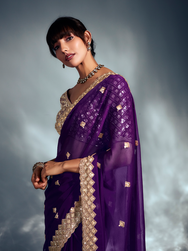 Purple Embroidered Designer Tissue Organza Silk Saree