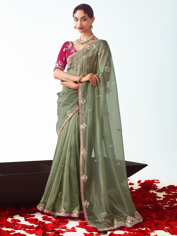Sage Green Embroidered Designer Tissue Silk Saree With Contrast Blouse