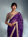 Purple Embroidered Designer Tissue Organza Silk Saree