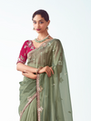 Sage Green Embroidered Designer Tissue Silk Saree With Contrast Blouse