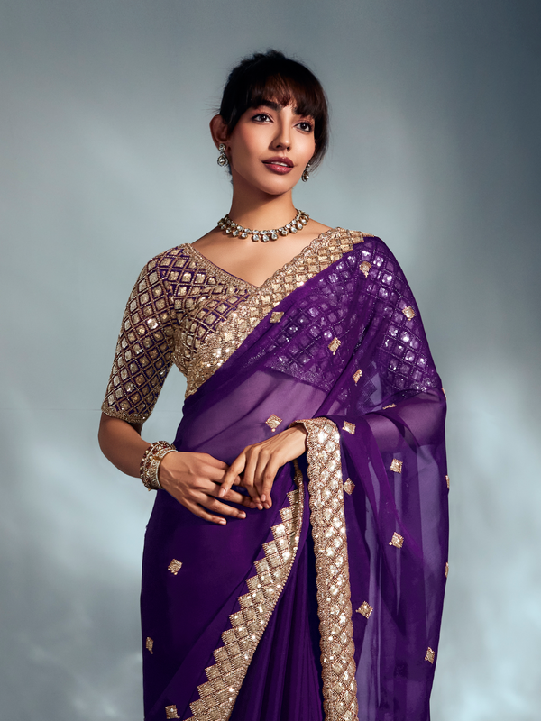 Purple Embroidered Designer Tissue Organza Silk Saree