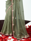 Sage Green Embroidered Designer Tissue Silk Saree With Contrast Blouse
