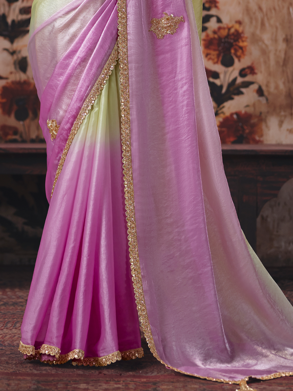 Lilac Purple Embroidered Designer Satin Silk Saree With Contrast Blouse
