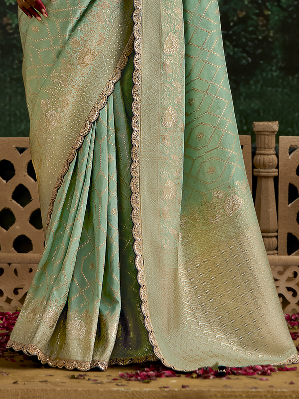Mint Green Designer Banarasi Dola Silk Saree With Golden Zari Work