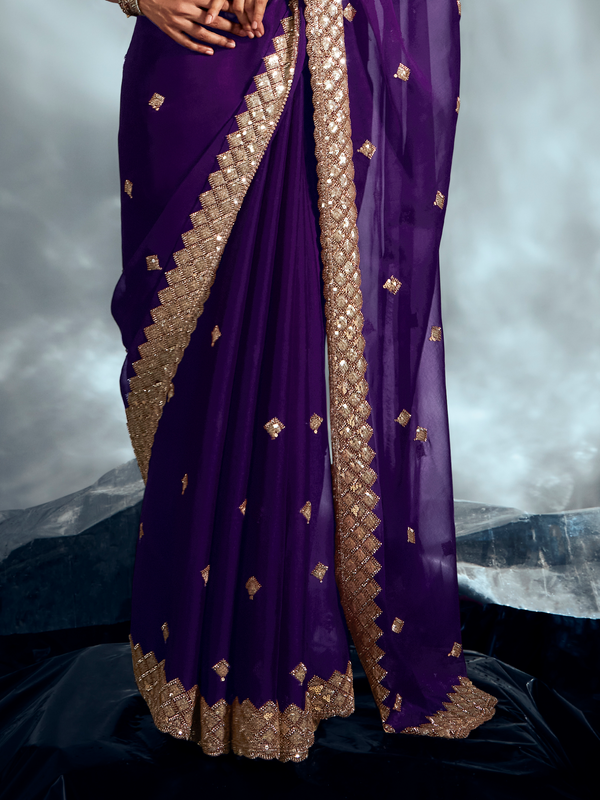 Purple Embroidered Designer Tissue Organza Silk Saree