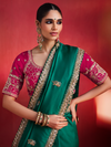 Bottle Green Embroidered Designer Satin Silk Saree With Contrast Blouse