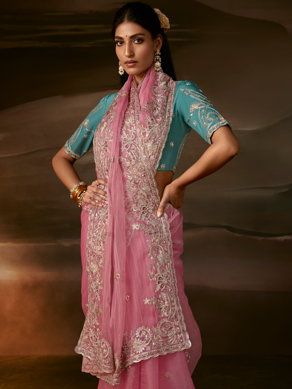 Rose Pink Embroidered Designer Organza Silk Saree