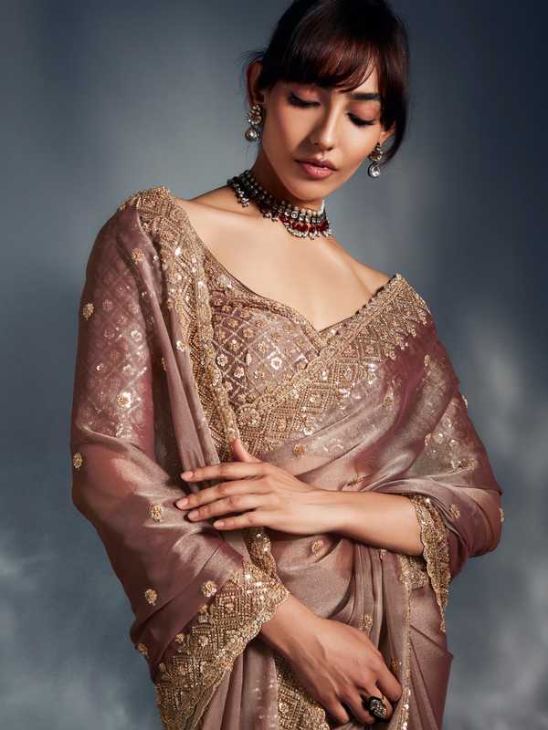 Rose Gold Embroidered Designer Tissue Organza Silk Saree