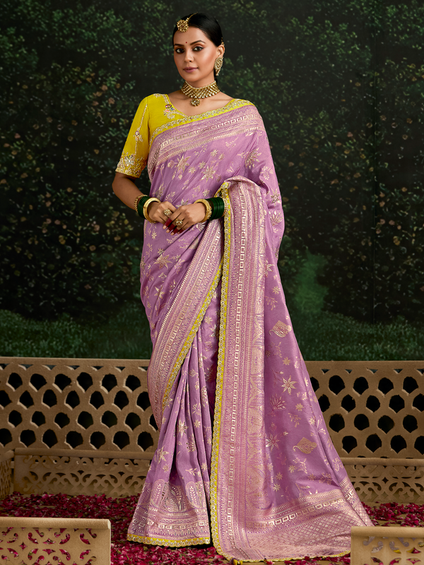 Lavender Designer Banarasi Dola Silk Saree With Golden Zari Work