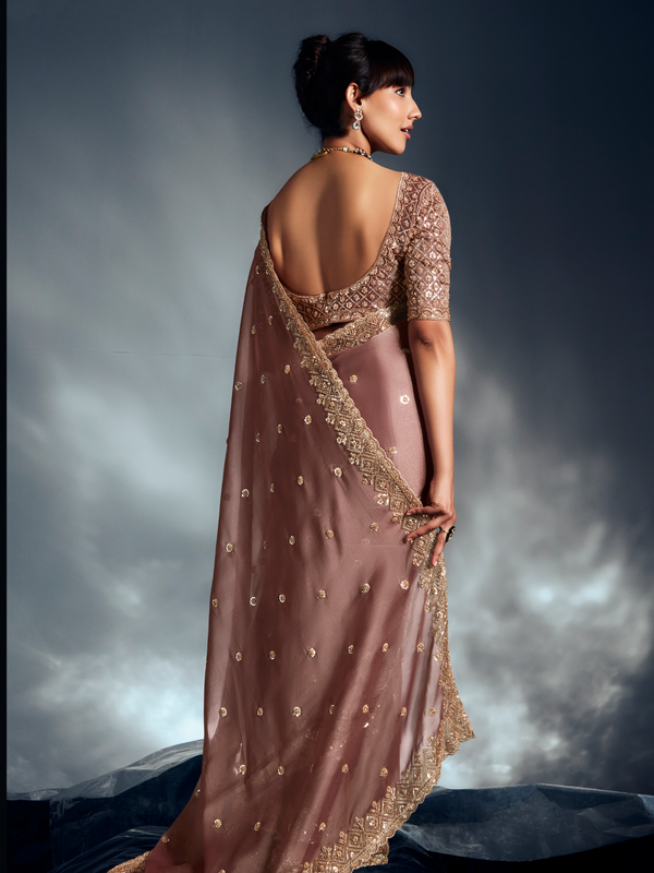 Rose Gold Embroidered Designer Tissue Organza Silk Saree