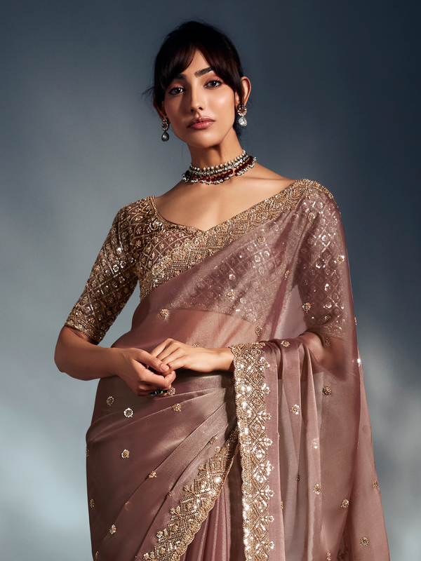 Rose Gold Embroidered Designer Tissue Organza Silk Saree