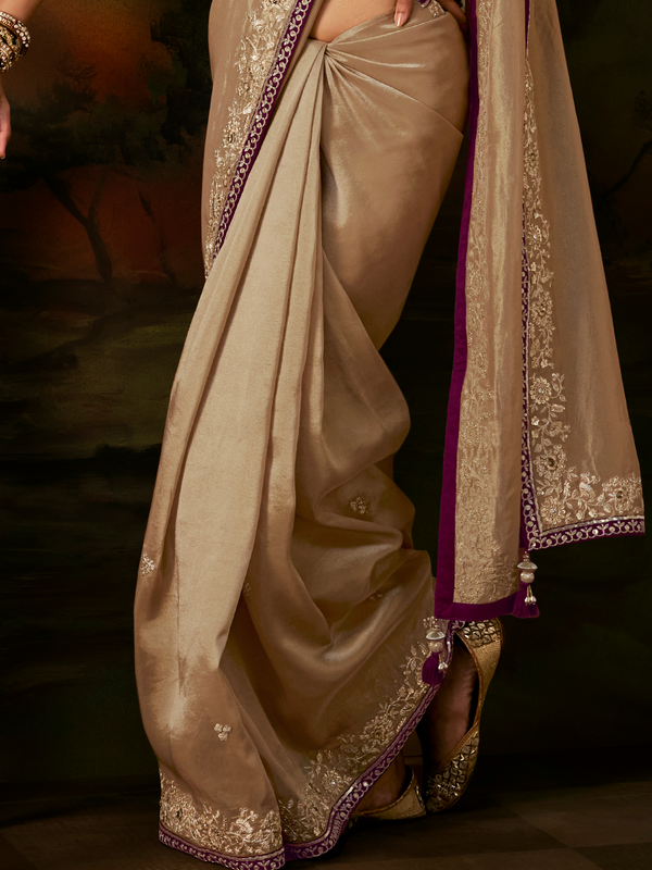 Champagne Gold Embroidered Designer Tissue Silk Saree With Contrast Blouse