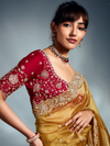 Mustard Yellow Embroidered Designer Tissue Organza Silk Saree With Contrast Blouse