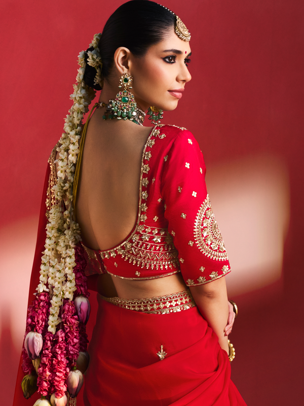 Crimson Red Embroidered Designer Satin Silk Saree