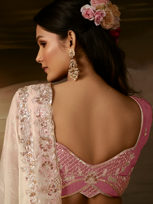 Ivory Embroidered Designer Organza Silk Saree