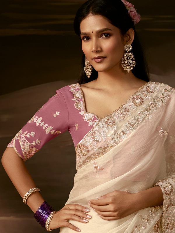Ivory Embroidered Designer Organza Silk Saree