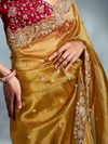 Mustard Yellow Embroidered Designer Tissue Organza Silk Saree With Contrast Blouse