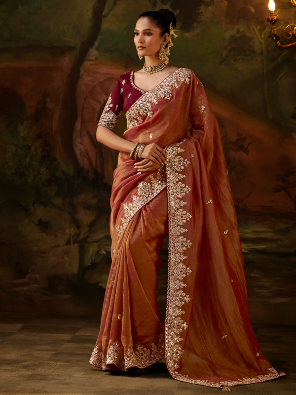 Rust Orange Embroidered Designer Tissue Silk Saree With Contrast Blouse
