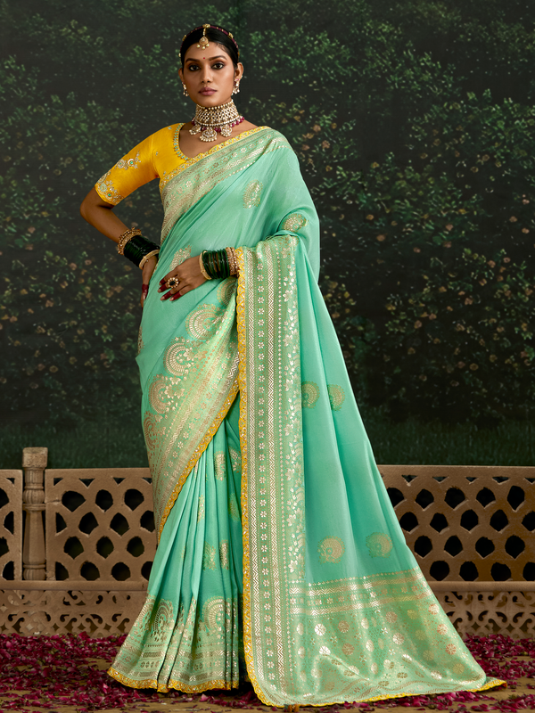 Sea Green Designer Banarasi Dola Silk Saree With Golden Zari Work