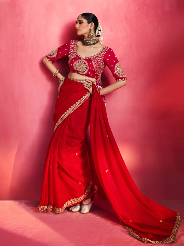 Crimson Red Embroidered Designer Satin Silk Saree